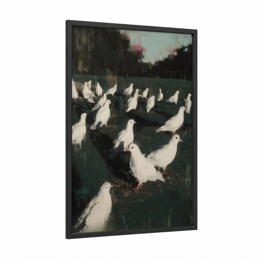 Pastoral Doves framed art print — black wood frame — dark green and white palette