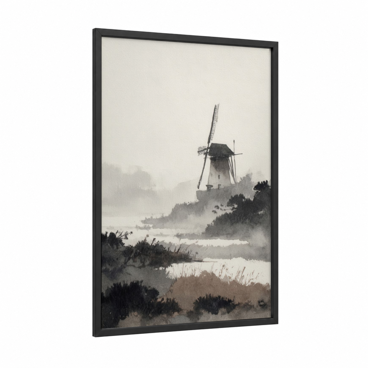 Misty Windmill framed windmills print — black wood frame — black and white and dove gray palette