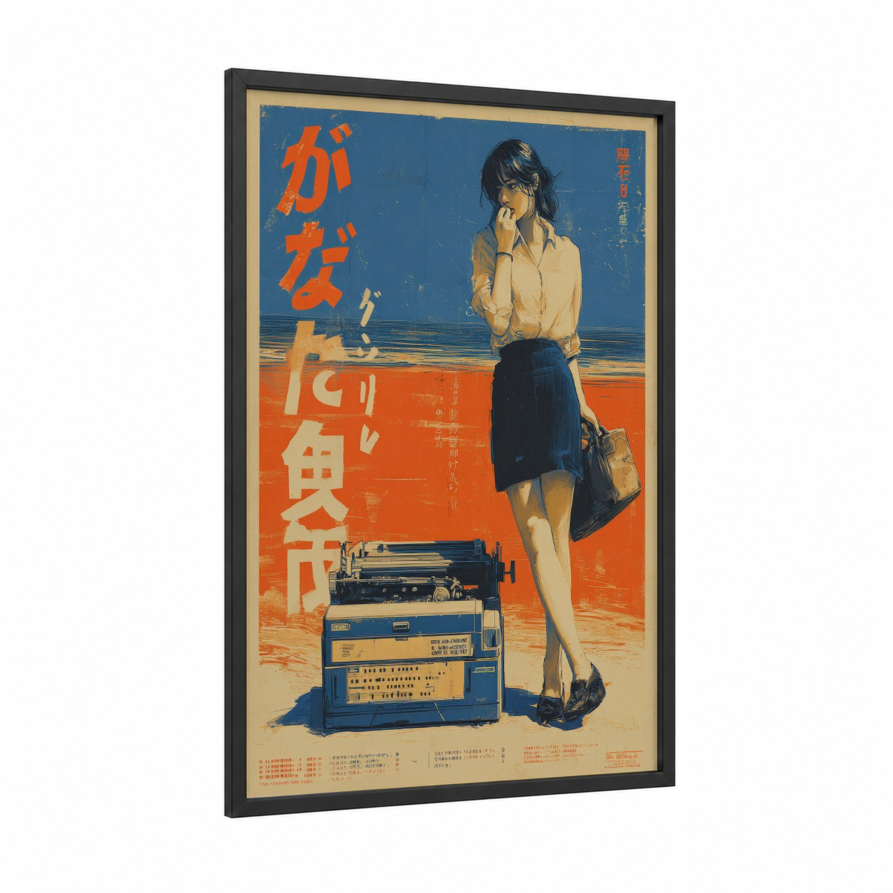 Typist Advertisement framed vintage japanese ads print — black wood frame — blue and orange palette