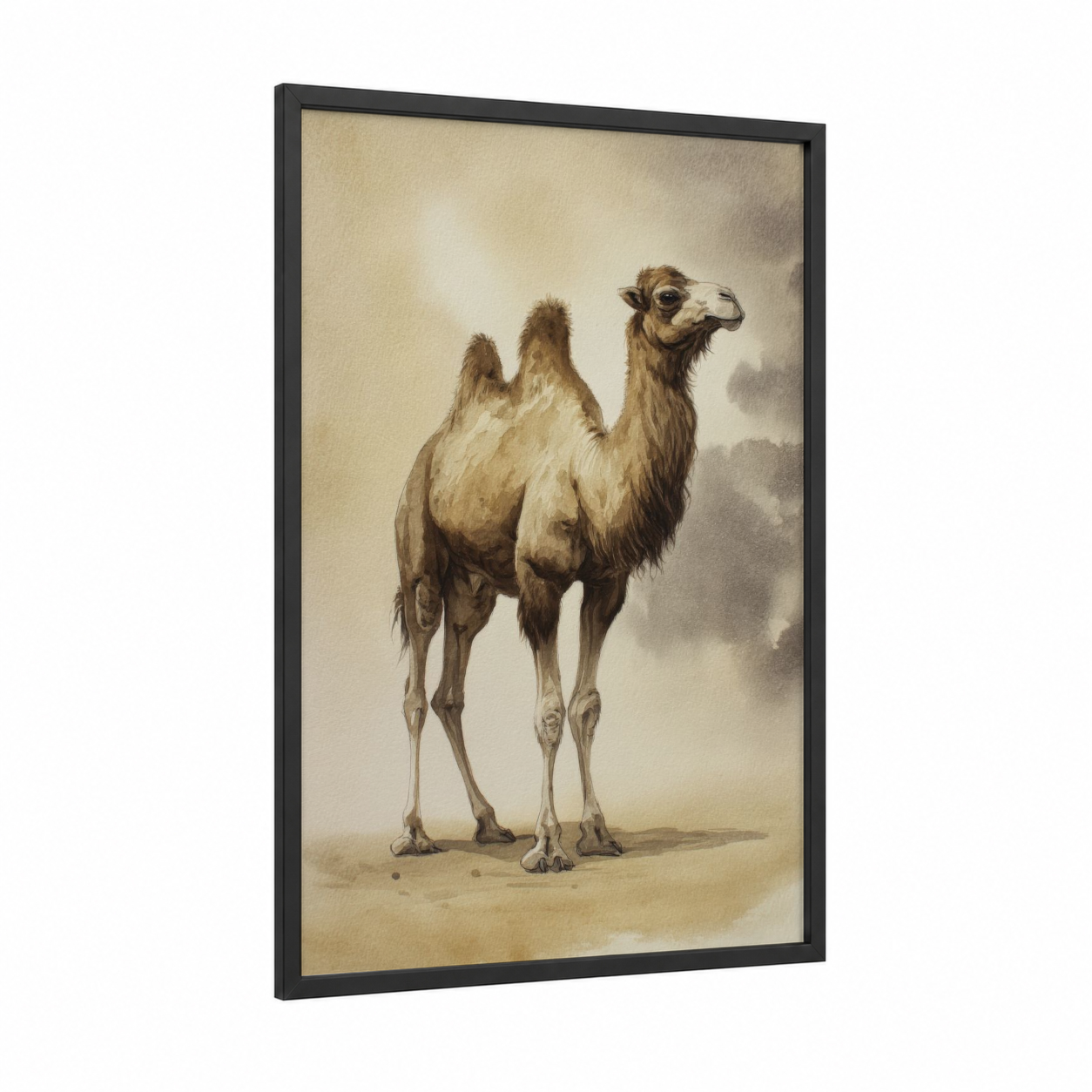 Desert Camel Portrait framed art print — black wood frame — beige and brown palette