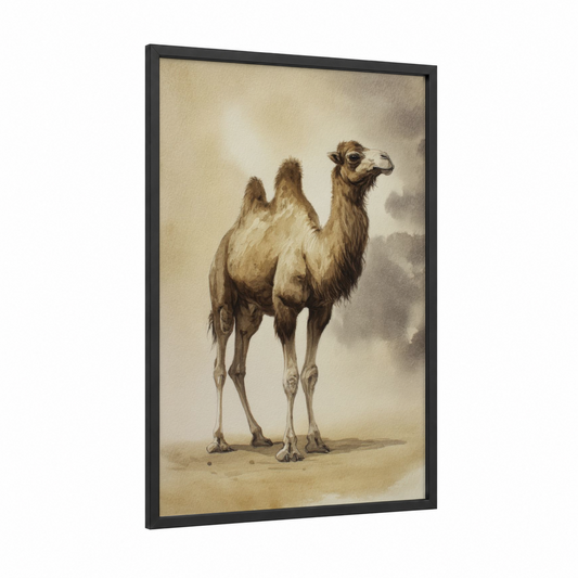 Desert Camel Portrait framed art print — black wood frame — beige and brown palette