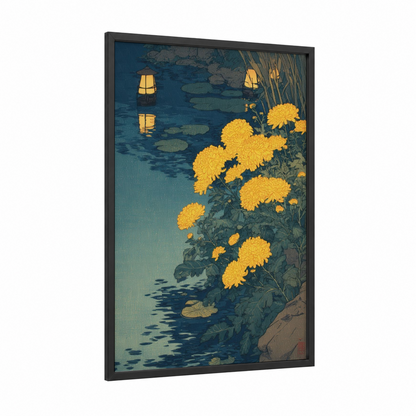 Moonlit Chrysanthemums framed art print — black wood frame — dark blue and yellow gold palette