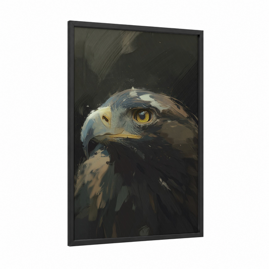 Golden Eagle Portrait framed art print — black wood frame — gold and black palette
