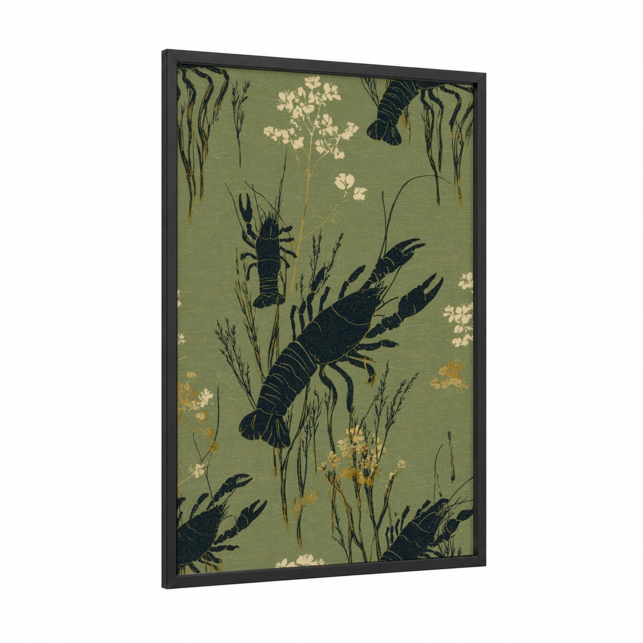 Vintage Crayfish framed art print — black wood frame — sage green and cream palette