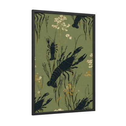 Vintage Crayfish framed art print — black wood frame — sage green and cream palette