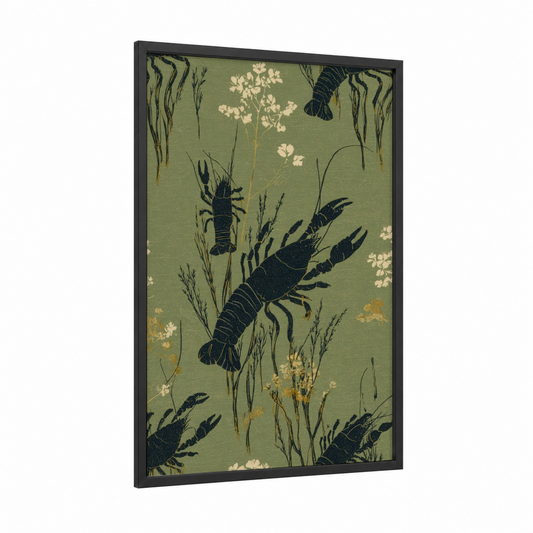 Vintage Crayfish framed art print — black wood frame — sage green and cream palette
