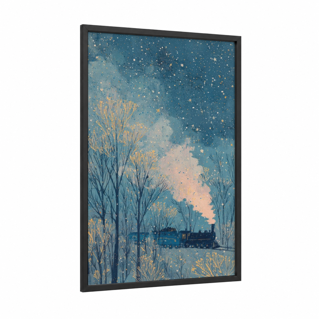 Winter Train Journey framed art print — black wood frame — blue and gold palette