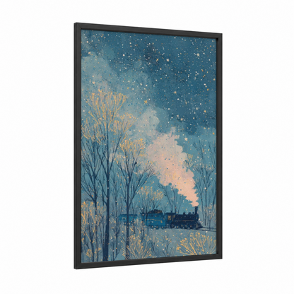 Winter Train Journey framed art print — black wood frame — blue and gold palette