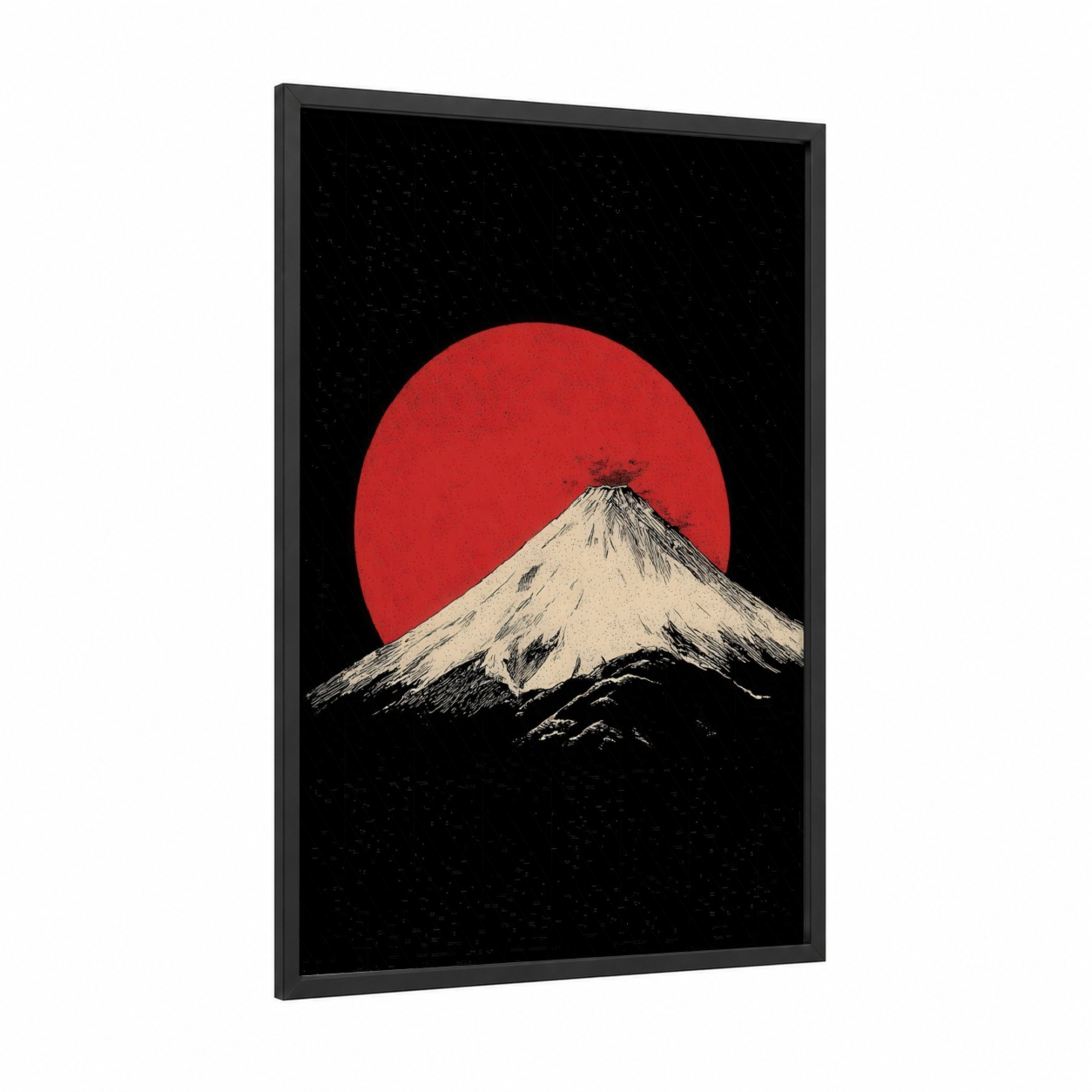Crimson Volcano framed art print — black wood frame — red and black and white palette
