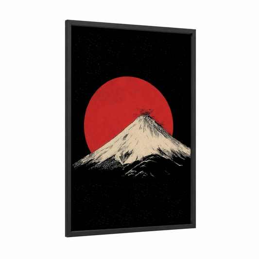 Crimson Volcano framed art print — black wood frame — red and black and white palette