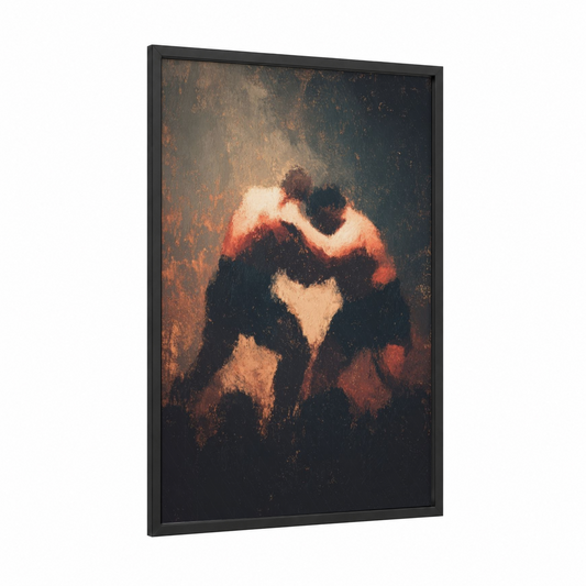 Fiery Grapple framed wrestling print — black wood frame — russet and black palette