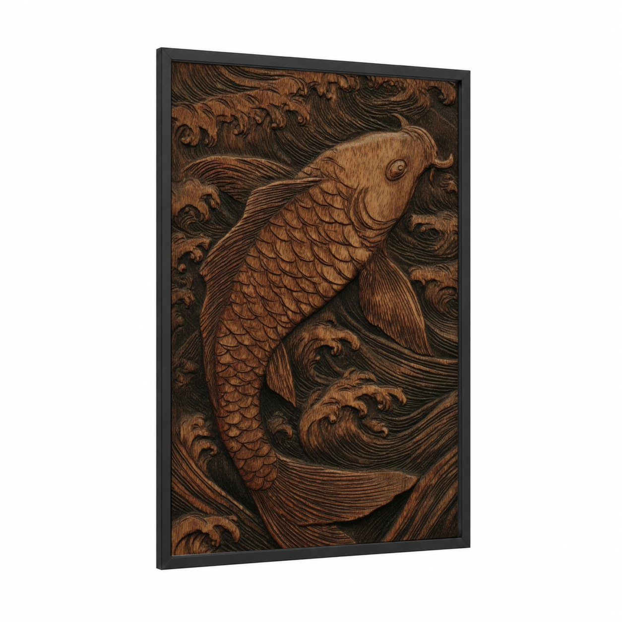 Golden Koi Woodcarving framed art print — black wood frame — brown and gold palette