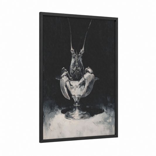 Lobster Study framed seafood print — black wood frame — black and white and gray palette