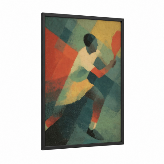 Geometric Tennis Player framed art print — black wood frame — teal and gold palette