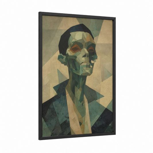 Geometric Zombie framed art print — black wood frame — black and sage green palette