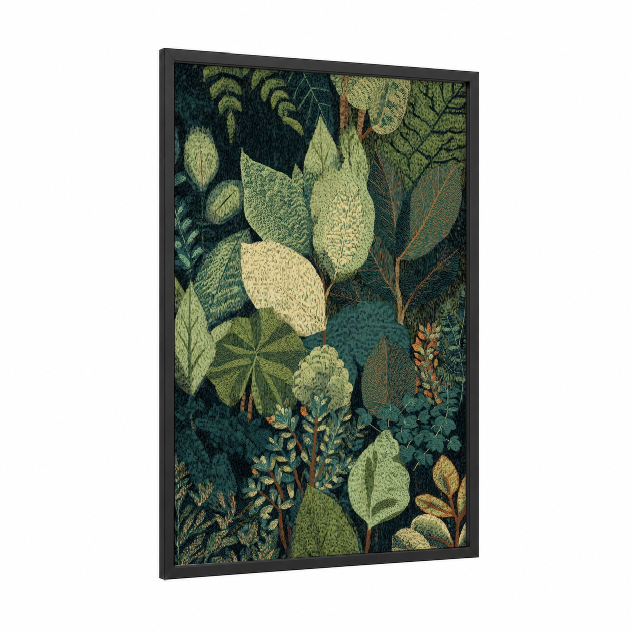 Botanical Garden Leaves framed leaf print — black wood frame — dark green and cream palette