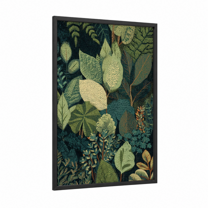 Botanical Garden Leaves framed leaf print — black wood frame — dark green and cream palette