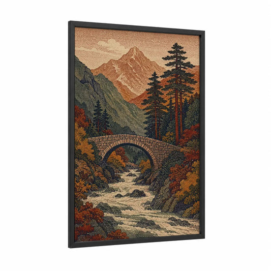 Mountain Bridge Autumn Landscape Wall Art framed art print — black wood frame — orange and brown palette