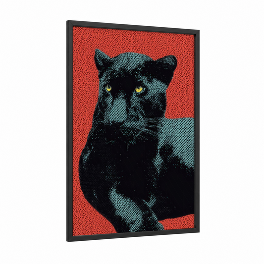 Golden-Eyed Panther framed art print — black wood frame — black and red palette