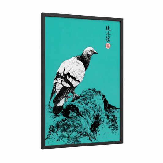 Turquoise Pigeon framed art print — black wood frame — turquoise and black and white palette