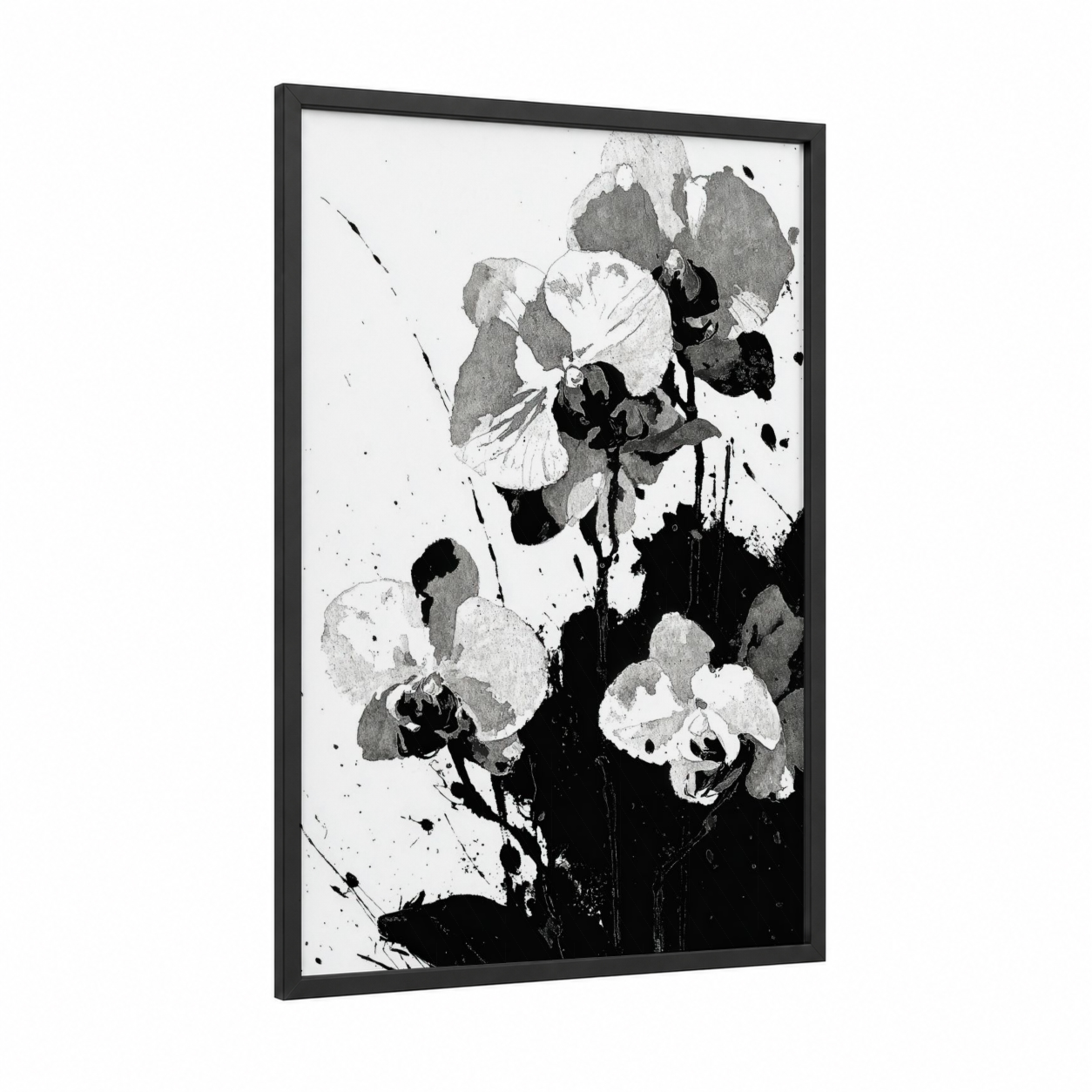 Monochrome Orchid Bloom framed art print — black wood frame — black and white and gray palette