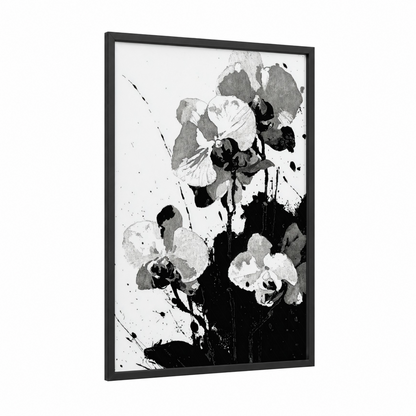 Monochrome Orchid Bloom framed art print — black wood frame — black and white and gray palette