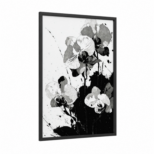 Monochrome Orchid Bloom framed art print — black wood frame — black and white and gray palette