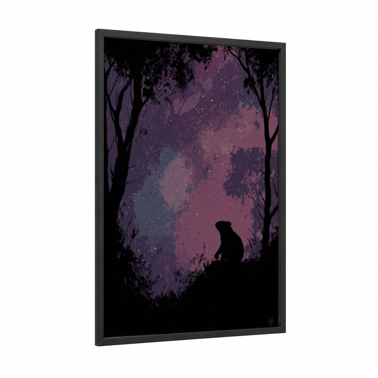 Starlit Koala framed art print — black wood frame — purple and black palette