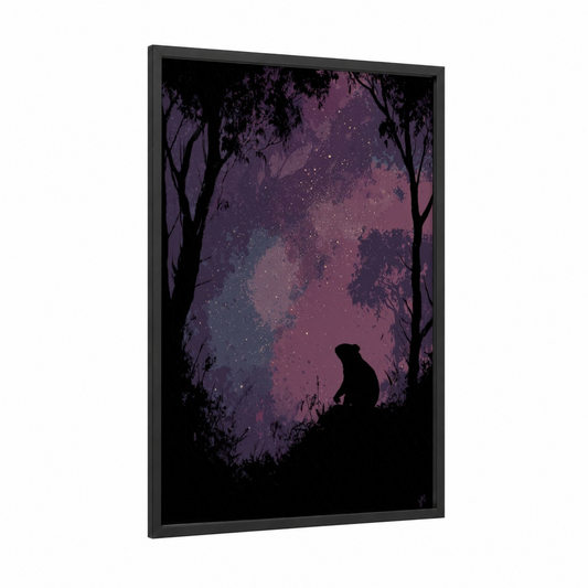 Starlit Koala framed art print — black wood frame — purple and black palette