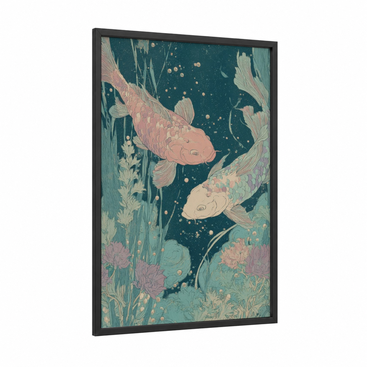 Celestial Pisces Pair framed art print — black wood frame — teal and salmon pink palette