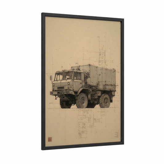 Blueprint Truck framed art print — black wood frame — beige and black and white palette