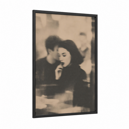 Vintage Couple framed art print — black wood frame — black and white and gray palette