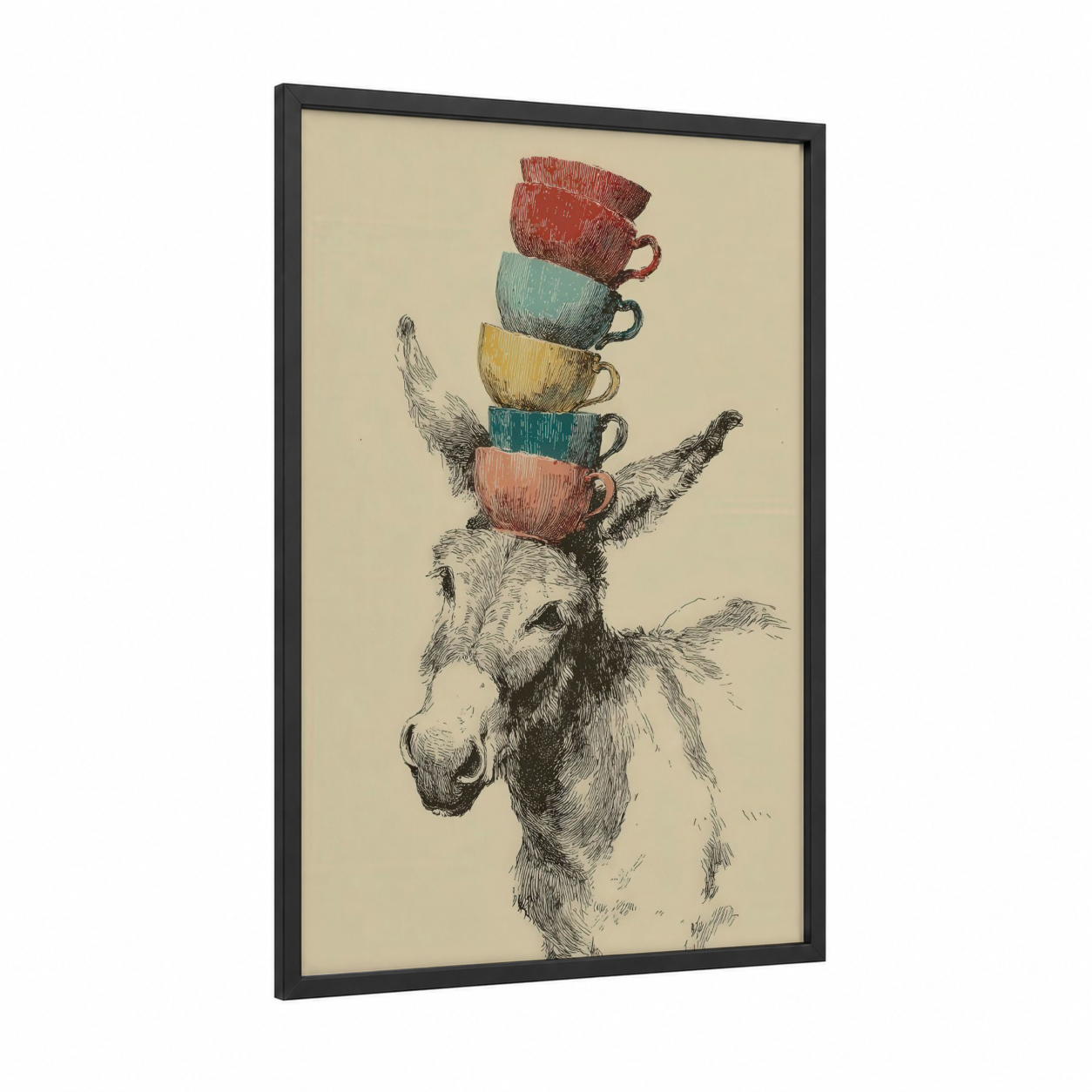 Teacup Mule framed art print — black wood frame — beige and salmon pink palette