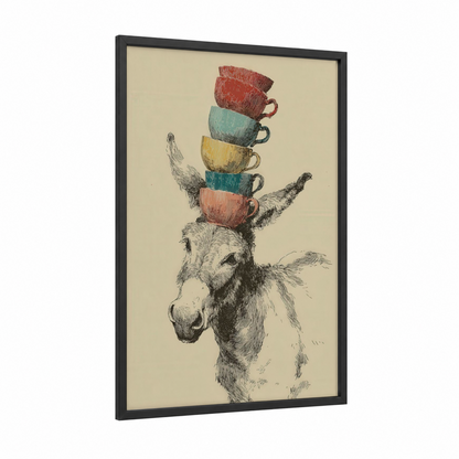 Teacup Mule framed art print — black wood frame — beige and salmon pink palette