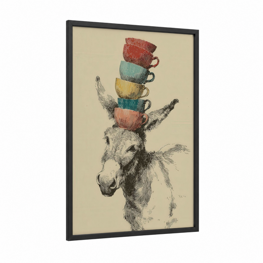 Teacup Mule framed art print — black wood frame — beige and salmon pink palette