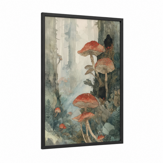 Forest Mushroom Grove framed forest trees print — black wood frame — cream and sage green palette