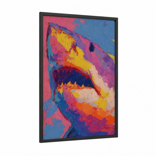 Vibrant Shark Portrait framed sand tiger shark print — black wood frame — magenta and blue palette