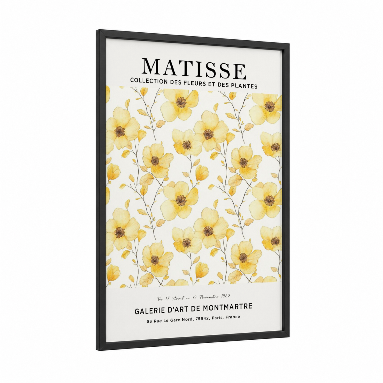 Yellow Matisse Florals framed abstract flower print — black wood frame — yellow gold and white palette