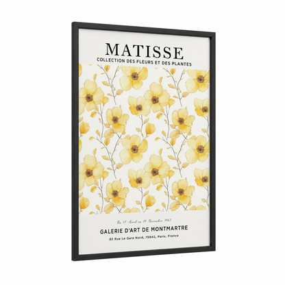 Yellow Matisse Florals framed abstract flower print — black wood frame — yellow gold and white palette