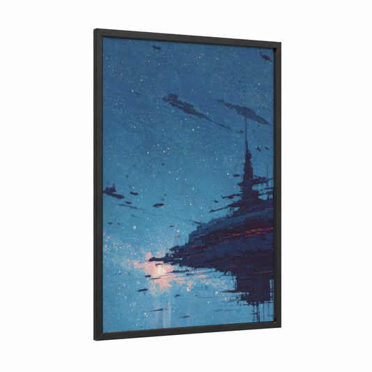 Starlit Fleet framed space print — black wood frame — blue and gold palette