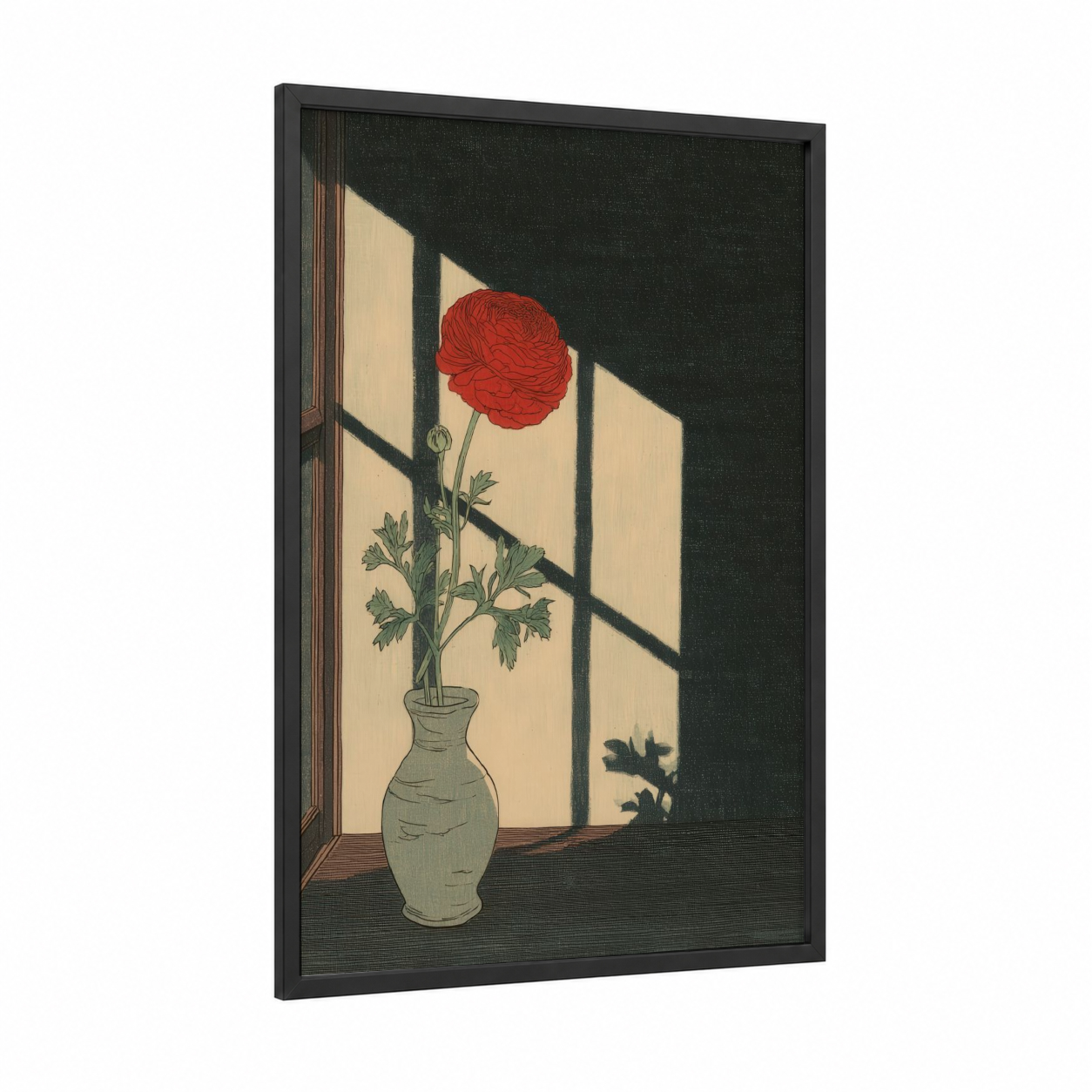 Window Ranunculus framed art print — black wood frame — red and cream palette