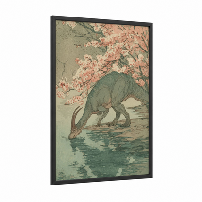 Cherry Blossom Dinosaur framed art print — black wood frame — sage green and peach palette