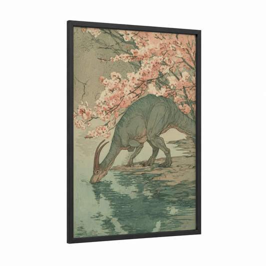 Cherry Blossom Dinosaur framed art print — black wood frame — sage green and peach palette