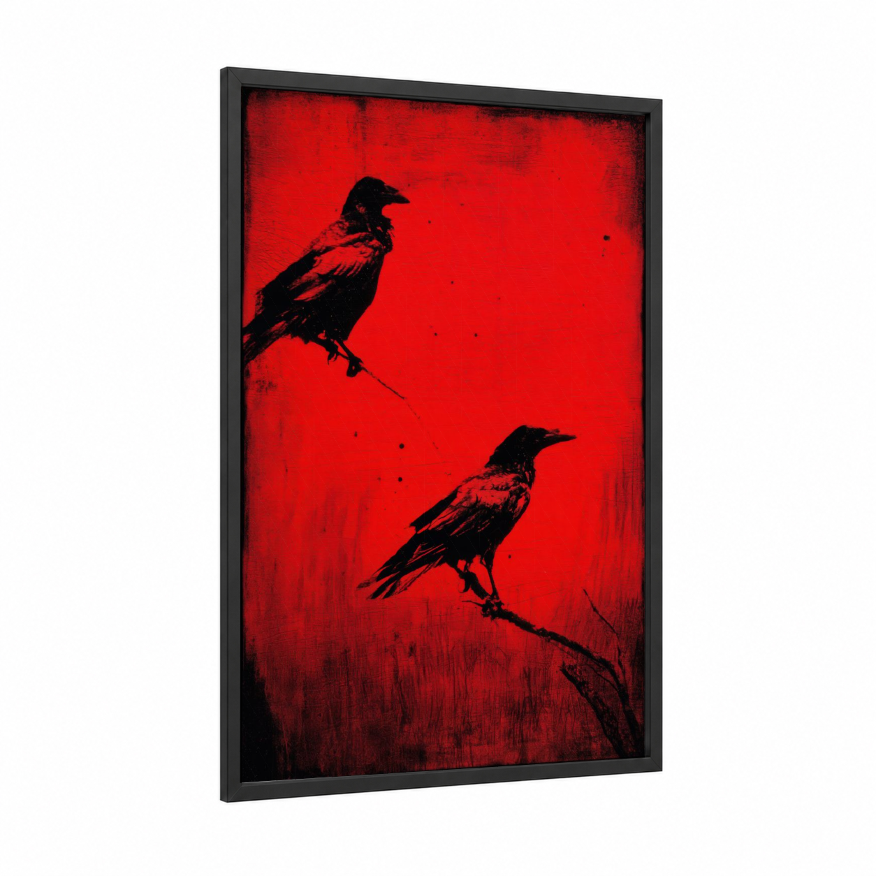 Crimson Ravens framed crows and ravens print — black wood frame — red and black palette