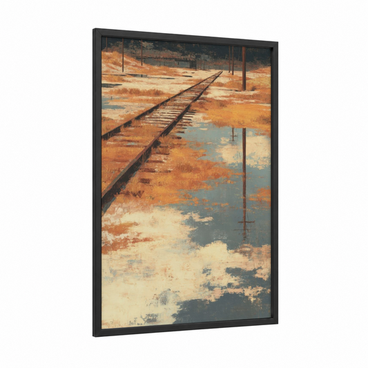 Abandoned Railway framed train tracks print — black wood frame — cream palette