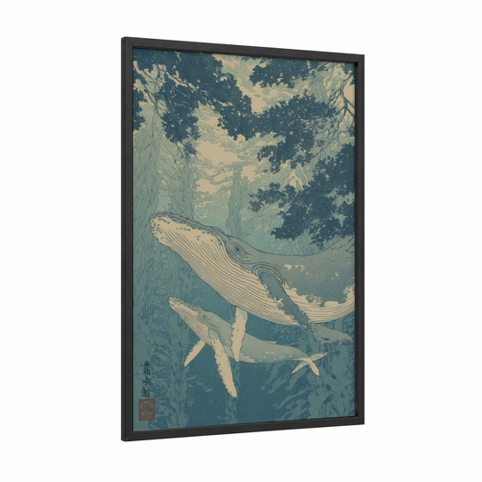 Ocean Depths Whale framed humpback whale print — black wood frame — teal and cream palette