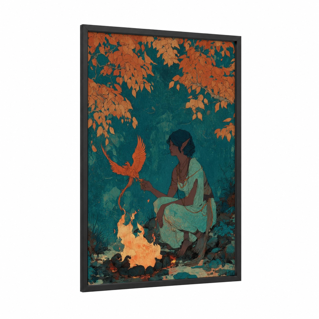Firebird's Encounter framed elf print — black wood frame — orange and teal palette