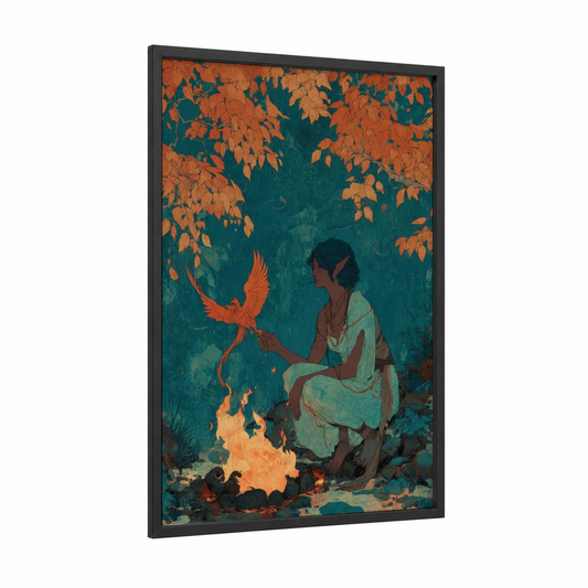 Firebird's Encounter framed elf print — black wood frame — orange and teal palette