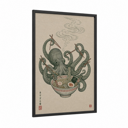 Japanese Octopus Ramen Bowl Wall Art framed art print — black wood frame — beige and olive palette