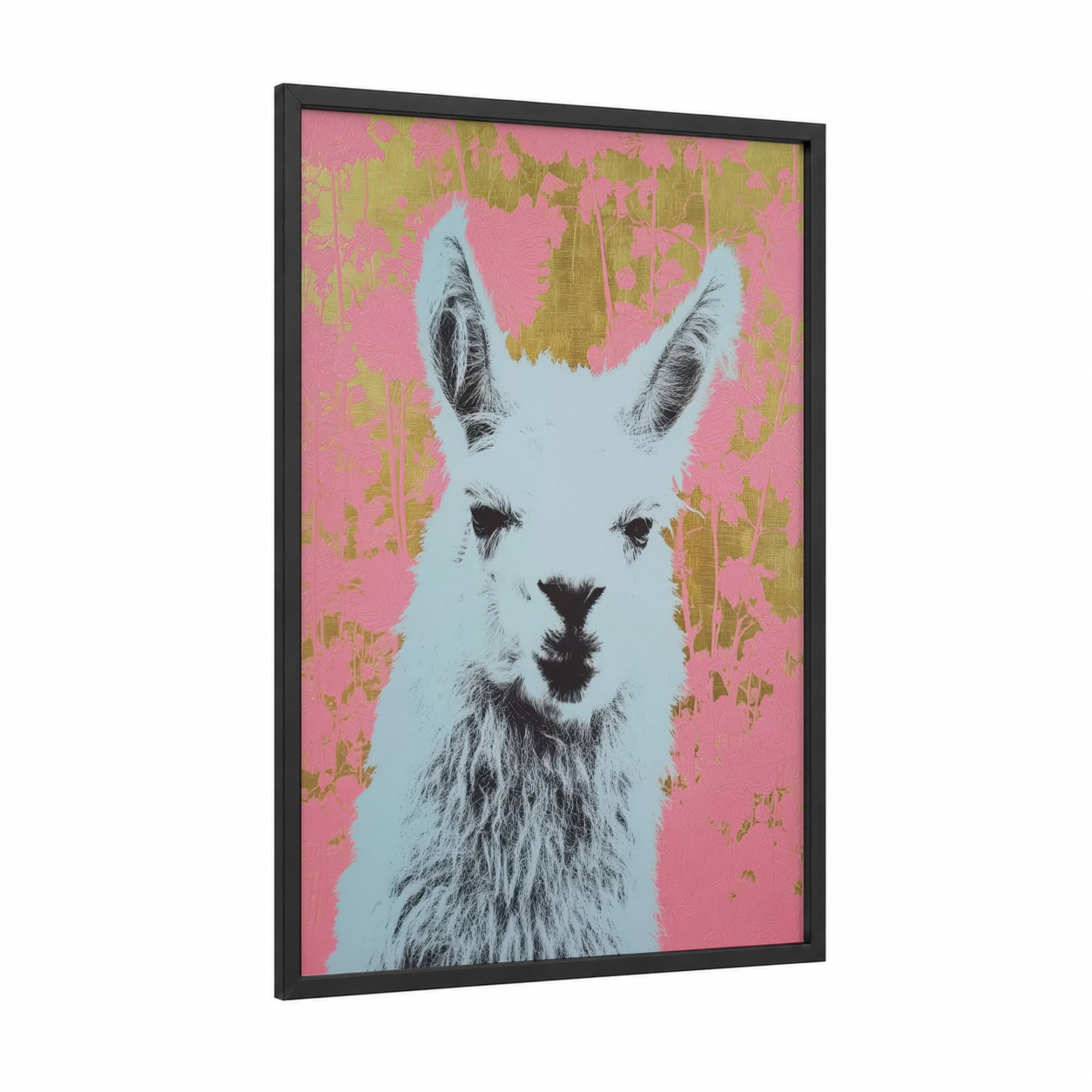 Serene Alpaca framed art print — black wood frame — pink and gold palette